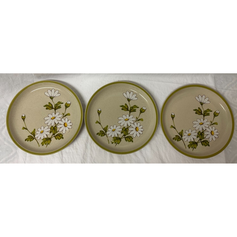Daisy Dinner Plates 10 7/8" Vtg 60s/70s MCM Stoneware Beige Speckle Green White